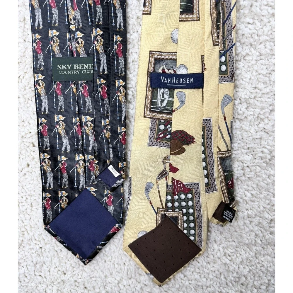 Sky Bend Van Heusen Golf Ties Mens OS Black Yellow Excellent Novelty Bundle 2pc